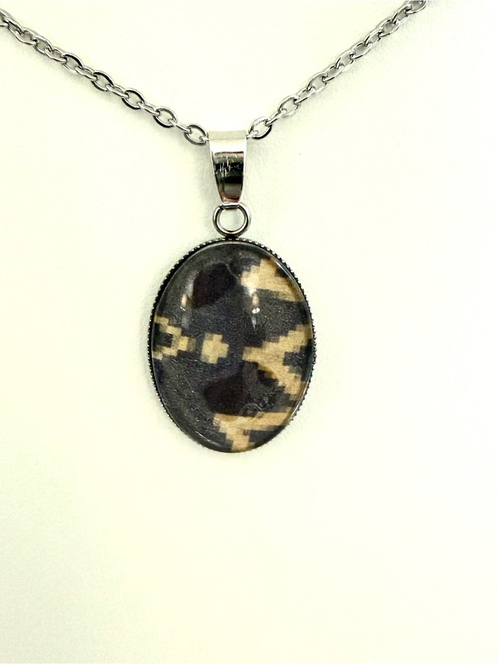 Sterling Silver 925 Abstract Cabochon Pendant Necklace Black Tan Statement Piece